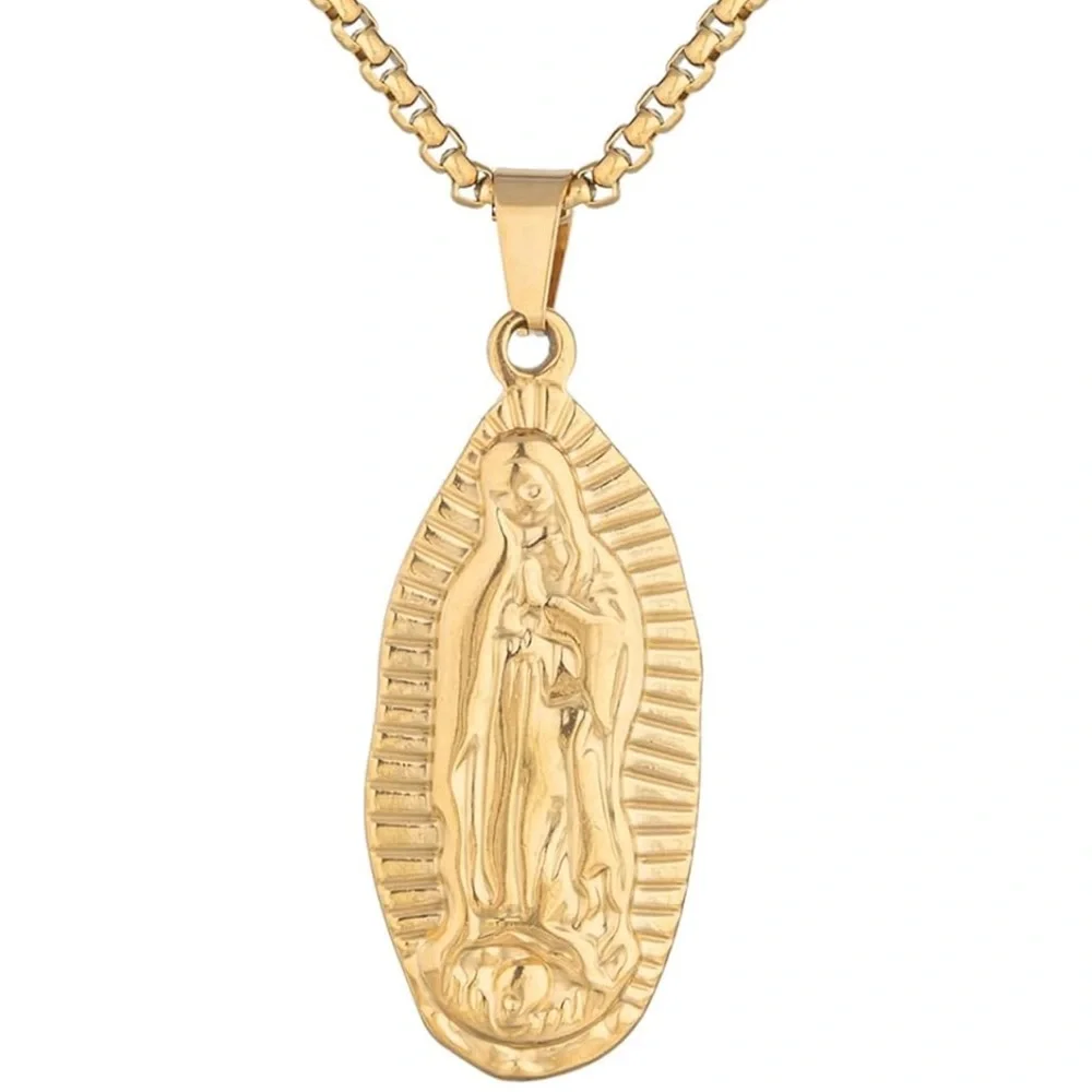 20” Guadalupe Virgin Mary Pendant Necklaces Men 18K Gold Plated Silver Tone